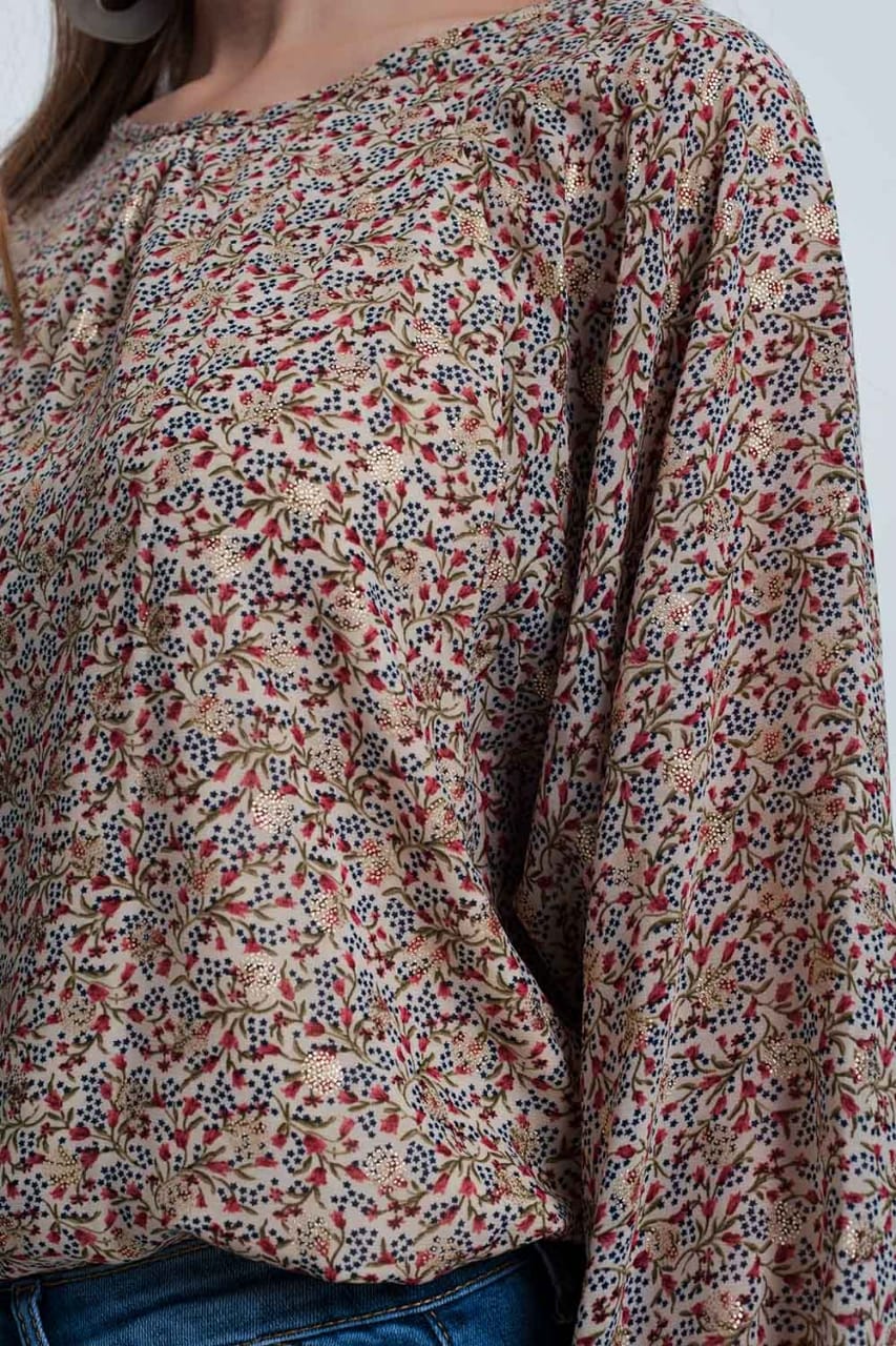 Blusa beige con estampado de flores - Color: BEIGE