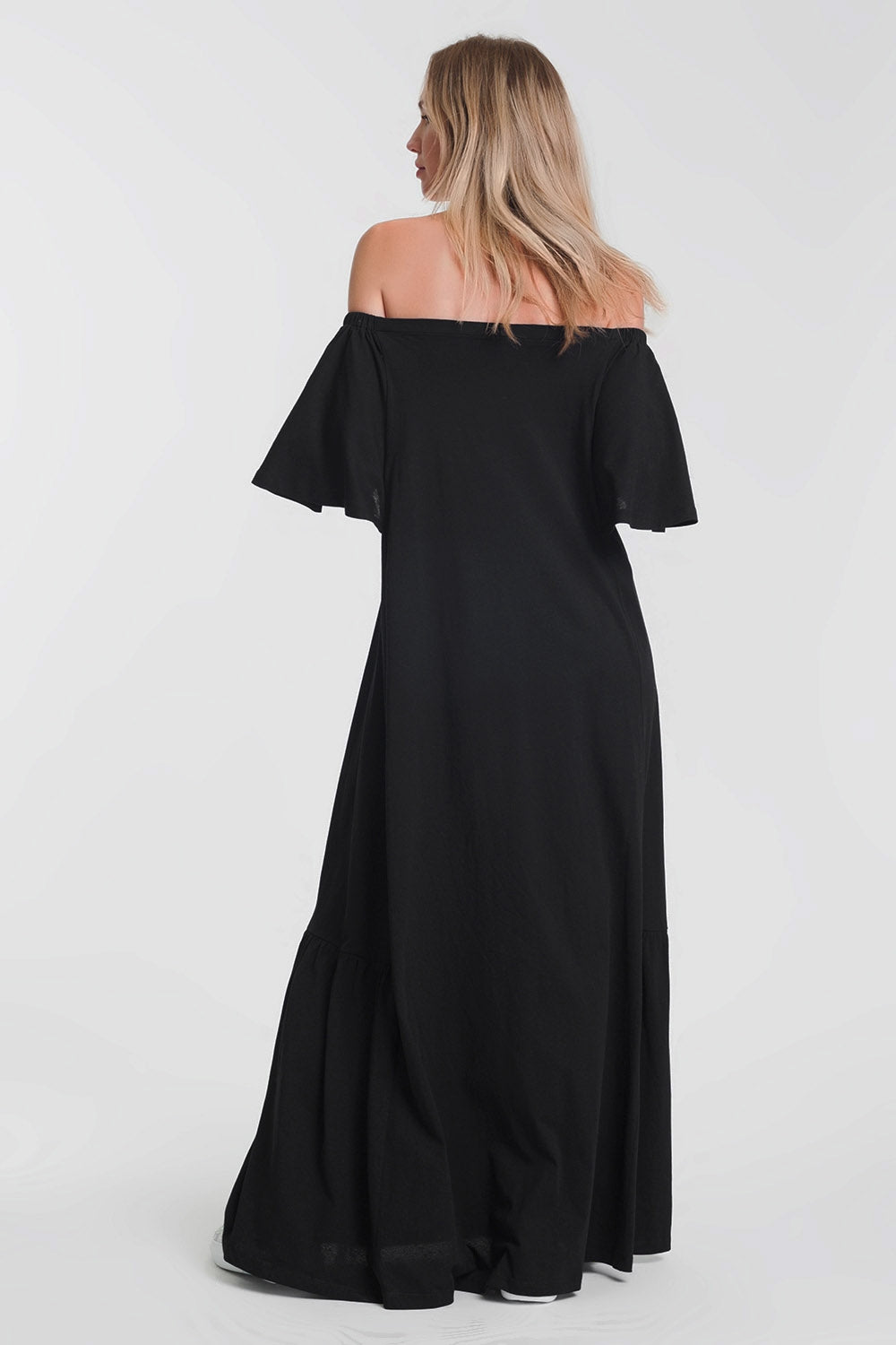 Vestido largo con escote bardot fruncido en negro - Color: NEGRO