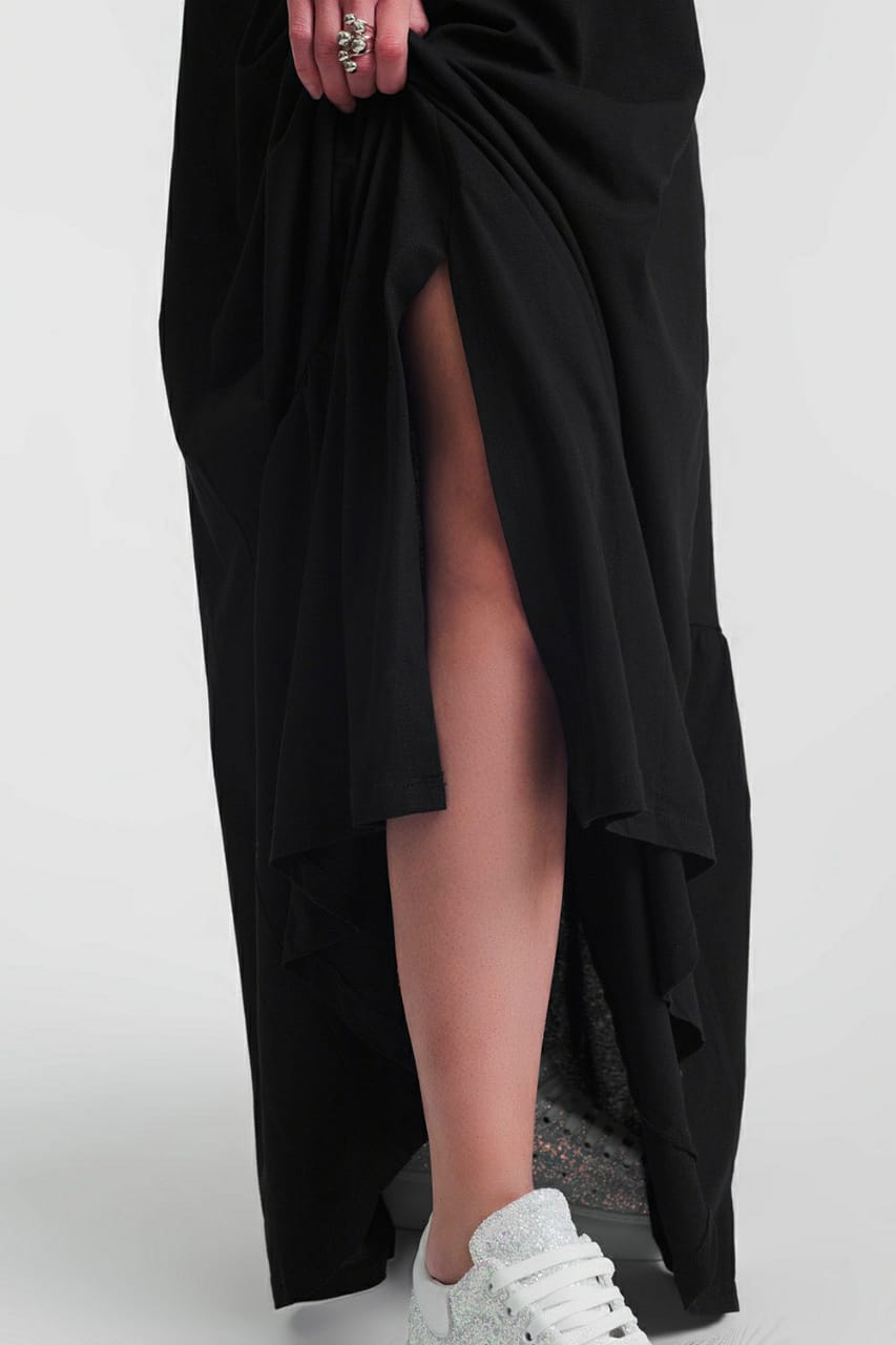 Vestido largo con escote bardot fruncido en negro - Color: NEGRO